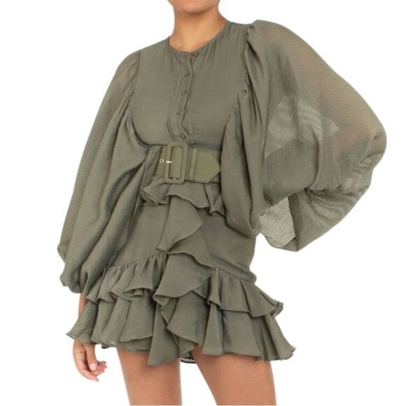 Shona Joy Dresses & Skirts - Shona Joy Charlotte Dress Draped Ruffle Balloon Sleeve in Khaki Size 4